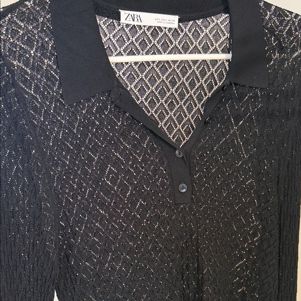 Zara Black Knit Polo with Metallic Thread